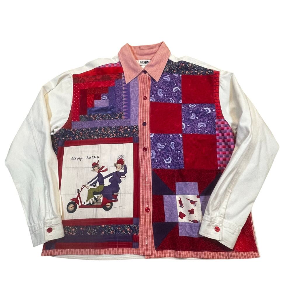 Vintage Gitano Y2K‎ Patchwork Button Up Women M Red Quilted Cottagecore Shirt